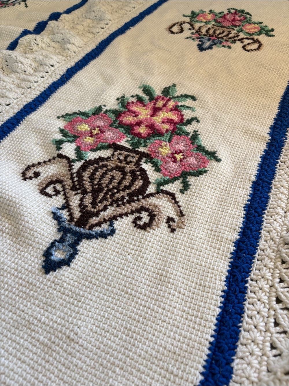 Vintage Cottagecore Cross Stitch Afghan- Floral Urns & Lace Panels 71”x 63”
